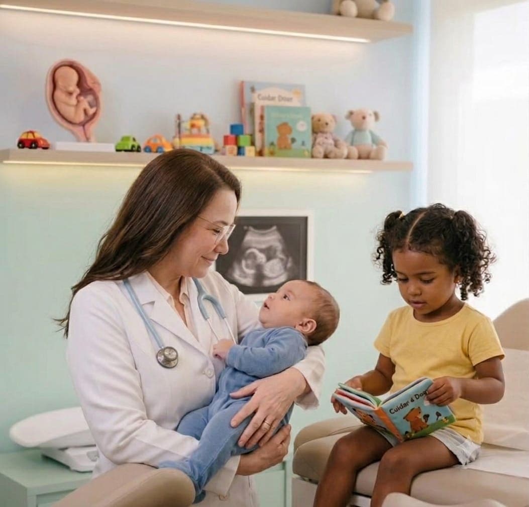 Dra. Patrícia com um bebê no colo em consulta de puericultura, ao lado de uma criança folheando um livro